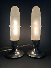 Art Deco Chrome & Frosted Glass Lamps, Cylinder Shades, Mantle Lamps, set of 2 picture