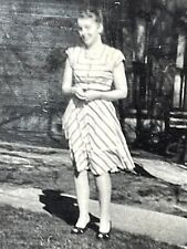 TF Photograph 1947 Beautiful Woman Stripped Dress Lovely Lady Waiting Sidewalk picture