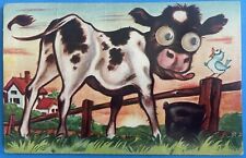Vintage Postcard with Googly-Eyed Cow, Bird, and Squeaker - 1950s Farm Scene picture