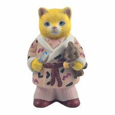 Schmid Kitty Cucumber Cat Figurine 1987 Ready for Bed with Bear and Toothbrush picture