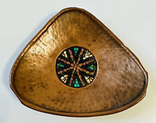 DAVID MALKA (ISRAEL) VINT SIGNED Triangle HAMMERED COPPER DISH MOSAIC CUT STONE picture
