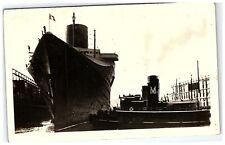 1930s Postcard S S Normandie Rppc Real Photo French Liner Docked Tugboat picture