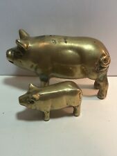 2 Vintage Solid Brass Pigs Piggy Paperweight Swine Piglet Figurine Farm Animals picture