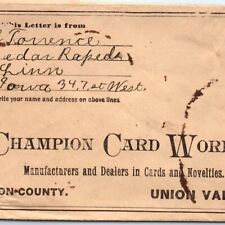 c1900s Union Vale, Ohio Champion Card Works Cover Letter Envelope Trade OH A157  picture