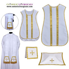 WHITE Spanish Fiddleback Vestment & mass set of 5 piece, chasuble, casulla New picture