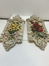 Vtg Floral ChalkWare Red Yellow Rectangle 3d  Mid Century MCM Retro Wall Hanging picture