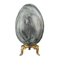 Beautiful Vintage Black & White Polished Marble Egg w Brass Stand picture
