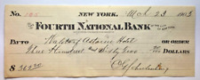 Fourth National Bank New York City 1903 Cancelled Check Waldorf Astoria Hotel picture