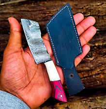 Damascus Steel Skinner Knife - Custom Handcrafted Mini Cleaver KNIFE W/SHEATH picture