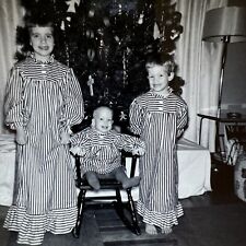 Vintage B&W Snapshot Photograph Adorable Children Matching Gowns Christmas Tree picture