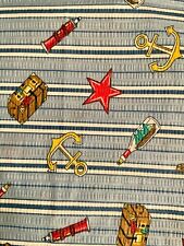 vintage seersucker fabric, blue stripe, treasure chest, anchors, ship in bottle picture