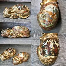 Satsuma Porcelain Asian Ornate Sleeping Cats Hand Painted Gold Figurines 2pc HTF picture