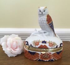 Andrea by Sadek Porcelain Hinged Trinket Box with Owl & Gold Trim 4.25”H picture