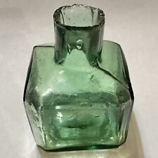 Antique 1800s Square Inkwell sheared burst top Dark Green Olive Bubble Glass picture