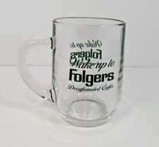 Folgers Decaffeinated Clear Glass Mug Cup 8oz Green Wake Up Coffee Vtg USA picture