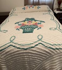 Vintage gorgeous Chenille bedspread floral basket teal greens, 86x100  NICE picture