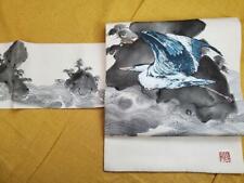 Nagoya Obi Hand-Painted Obi Waves And Blue Heron Wild Bird Pure Silk Nagoya Shor picture