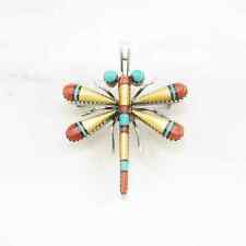 Vintage Zuni Sterling Silver Brooch Pendant Dragonfly Turquoise, Coral Inlay picture