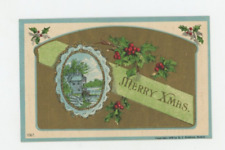 Vintage Christmas  Postcard   HOLLY    BLUE GLITTER CIRCLE   EMBOSSED   POSTED picture