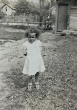 Little Girl With Curly Hair Standing In Yard B&W Photograph 2.75 x 4.5 picture