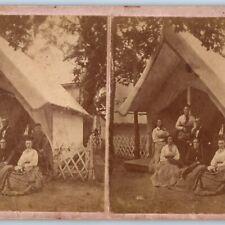 c1880s Family Camp Resort Tent #40 Women Real Photo Stereo Card Unmarked V16 picture