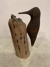 Vntg Wooden Woodpecker Figurine Unique Handmade On Driftwood RARE See Photos picture