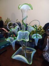 Exquisite Antique Victorian Opalescent White & Green 8 Pcs Art Glass Epergne Exc picture