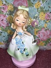 Vtg Tall Easter Girl W Gold Purse Big Bow Green Dress Blue Roses Figurine Japan picture