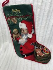 Pair Vintage L.L. Bean Needlepoint Christmas Stocking Santa With Dog Puppy Name picture