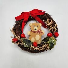 Vintage Christmas Ornament Twig Vine Wreath Rustic Teddy Bear Holly Berries Wood picture