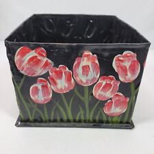 Vintage 1980s Pink Tulip Metal Planter 6x6x5 Inch Square Hand Painted picture