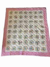 Antique Hand Pieced Hand Quilted Dresden Plate Feedsack Quilt 71” x 78” picture