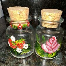 Vintage 1970s Wheaton Hand Painted Glass Spice Bottles Jars Cork Lid Set Of 2 picture