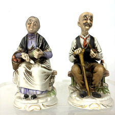 Old Couple Man Woman Sitting Pipe Apples Porcelain Figurines Novelty Retro Pair picture