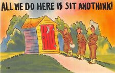 Army Soldiers Wait To Use Outhouse-Comic Old Linen PC-All We Do Is Sit & Think picture