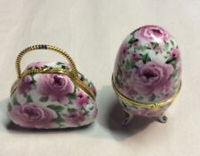 VTG 2of Purse & Egg Figurines Trinket Box Jewelry Glass Floral Gift Decor4”&3.5” picture