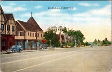 Del Mar California Street View Vintage Linen Postcard Old Car Trees 1953 PC21 picture