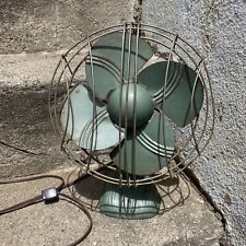 Vintage MCM DOMINION #2011 Pedestal Table Fan Hammered Green & Silver ~ WORKS picture