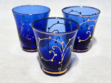 Almost Antique 1930s Cobalt Blue GERMAN SCHNAPPS Gold Trim Shot Glass - Set Of 3 picture