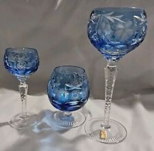 Hortensia Poland Blue Cut To Clear8 1/4,  5 1/2and 4 1/4 Inch Crystal Wine Glass picture