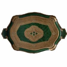 Vintage Italian Tole Tray Florentine Green Gold Gilt Rectangular Faux Leather picture