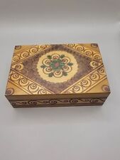 Vintage Hand Carved Hinged Trinket/Jewelry Box Pyrography Wood Burning Flower  picture