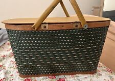 Large Picnic Basket Woven Wicker Metal Handles Green 1974 picture