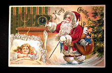 Santa Claus ~Sleeping Child~Toys~Tree~Clock~Antique Christmas Postcard~k418 picture