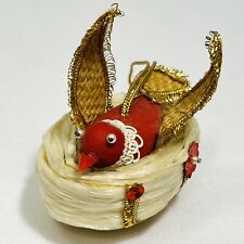 Mr Christmas Red Bird Ornament Silk Raffia Nest 3” Ornate 1969 Japan Vintage picture
