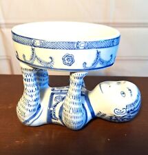 Vintage Chinoiserie Blue & White Monkey Holding Soap Dish Candy Dish Trinket picture