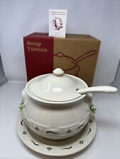 4 PC Longaberger Pottery Woven Traditions GREEN Soup Tureen Plate Ladle Lid BOX picture