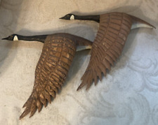 Pair Hand Carved Wood Birds In Flight Flying Geese Wall Art Decoration Vintage picture