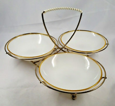 MCM Mid Century Large Gold Tone Condiment Server Caddy 3 Glass White Bowls picture