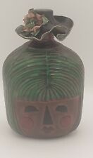 Vintage Leather Wrapped Glass Flask Decanter Hand Tooled Womens Face Lid 5x7.5